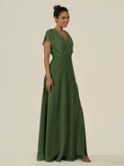 KissDress-Aven Moss A Line Chiffon Cap Sleeves V Neck Pleated Long Bridesmaid Dress with Slit
