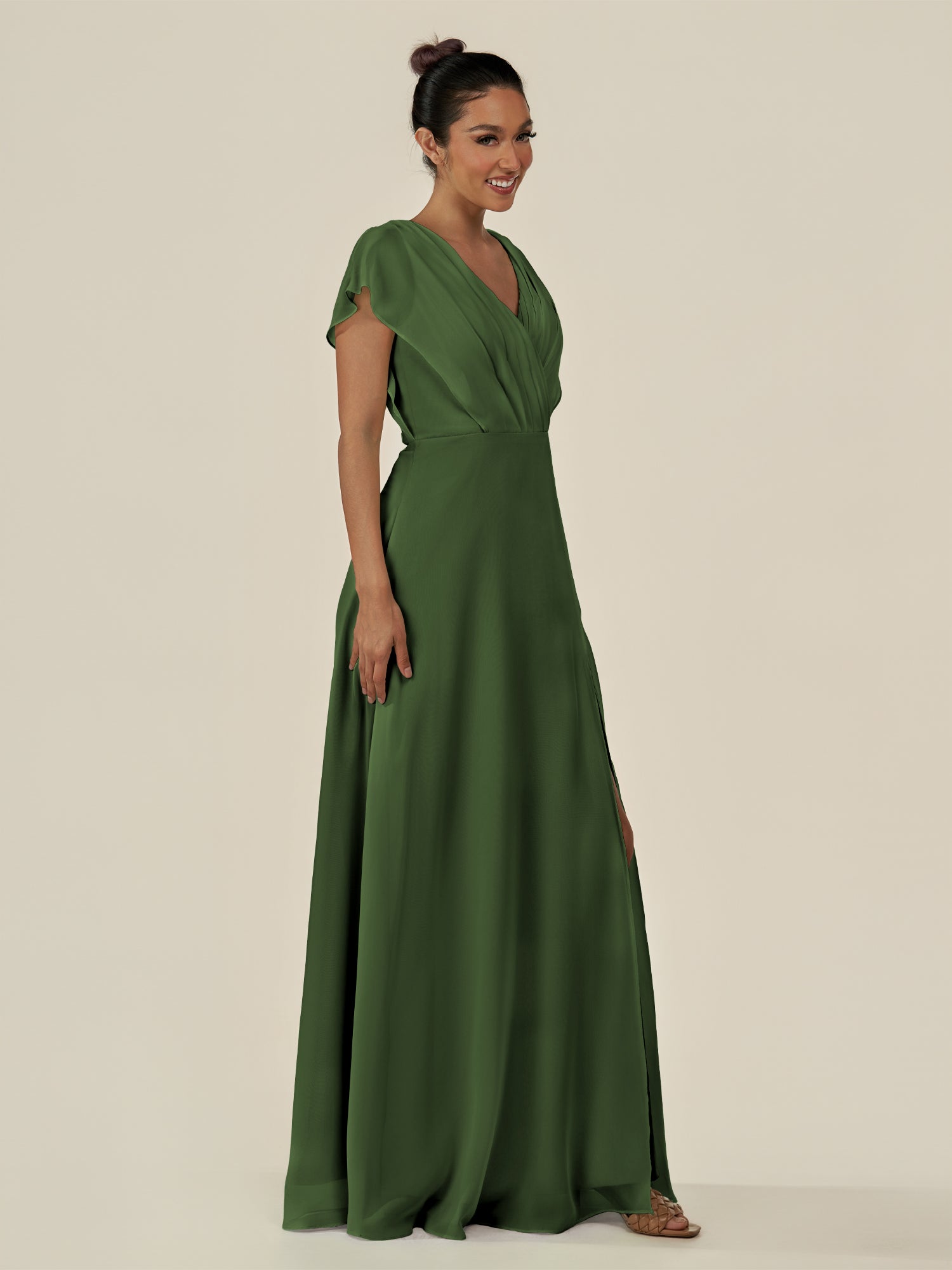 KissDress-Aven Moss A Line Chiffon Cap Sleeves V Neck Pleated Long Bridesmaid Dress with Slit