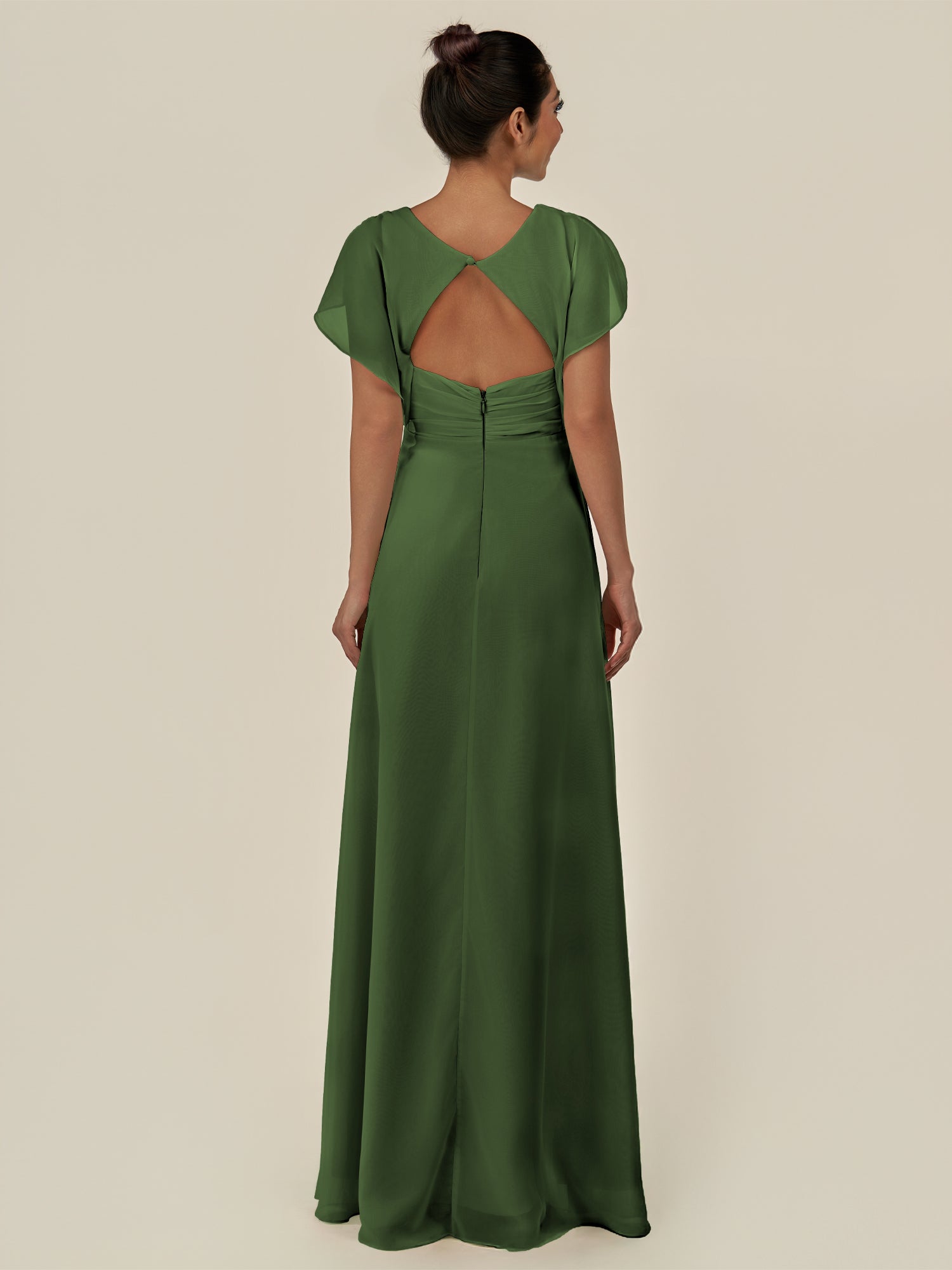 KissDress-Aven Moss A Line Chiffon Cap Sleeves V Neck Pleated Long Bridesmaid Dress with Slit