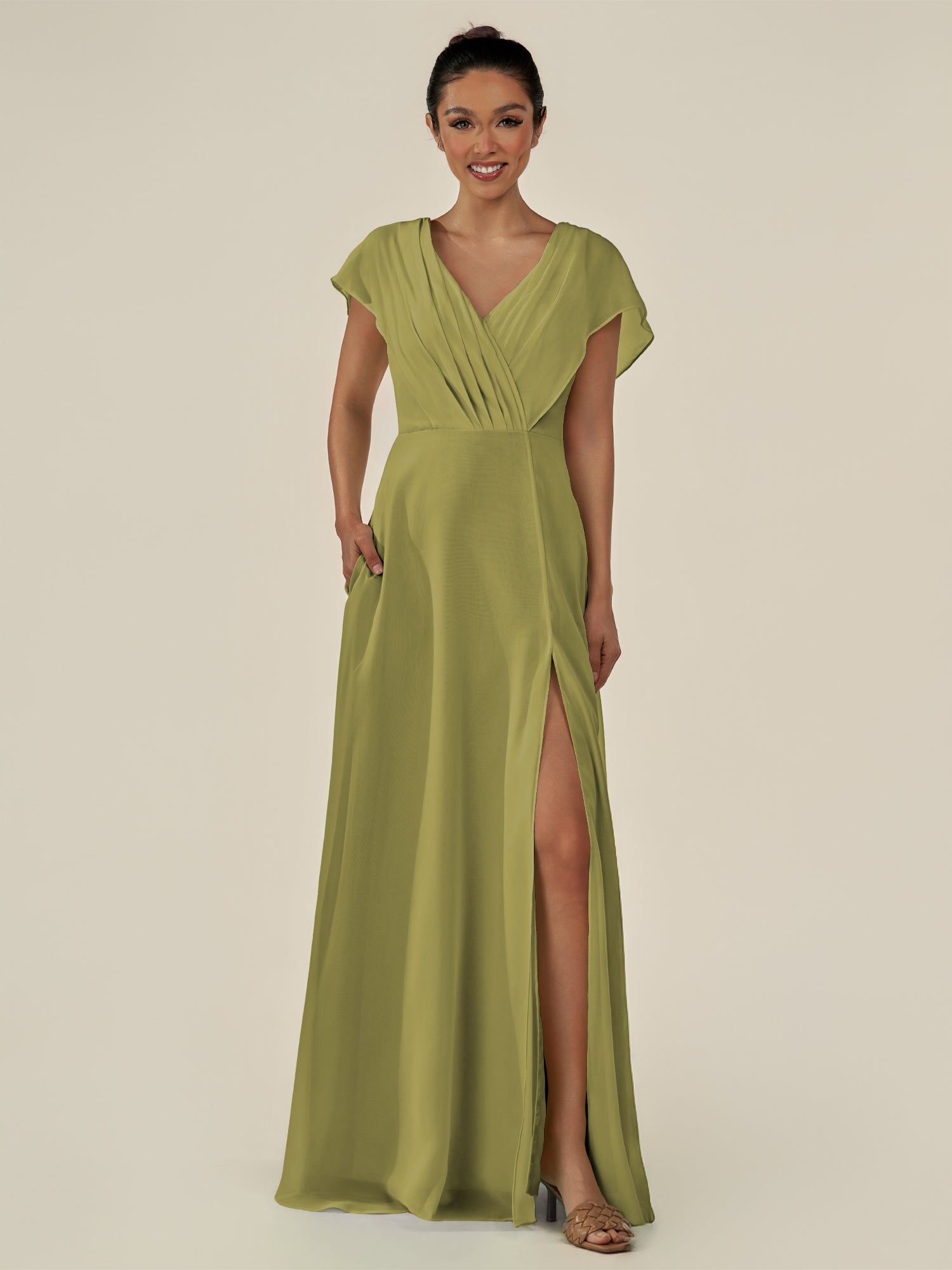 KissDress-Aven Moss Green A Line Chiffon Cap Sleeves V Neck Pleated Long Bridesmaid Dress with Slit