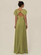 KissDress-Aven Moss Green A Line Chiffon Cap Sleeves V Neck Pleated Long Bridesmaid Dress with Slit