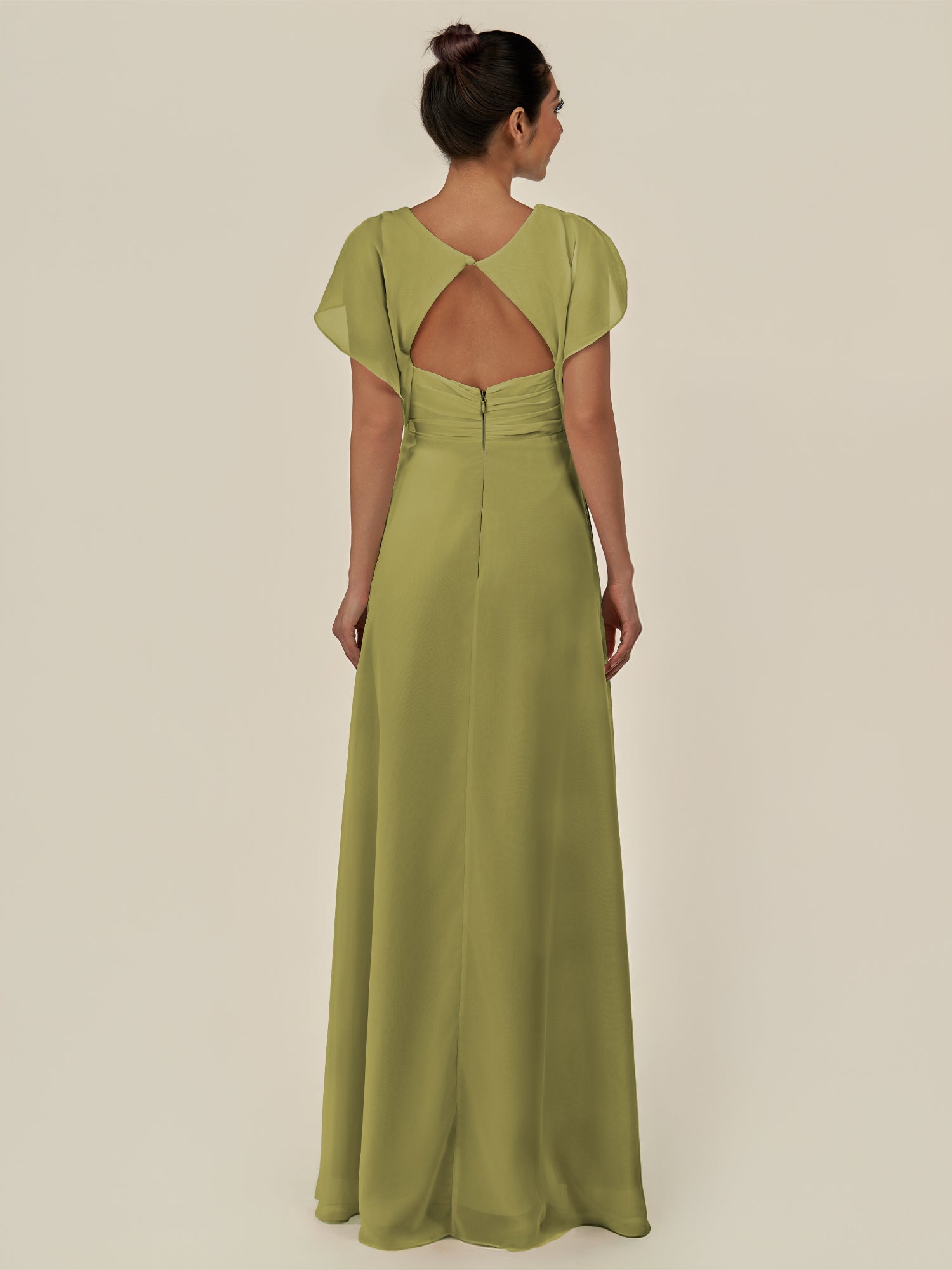 KissDress-Aven Moss Green A Line Chiffon Cap Sleeves V Neck Pleated Long Bridesmaid Dress with Slit