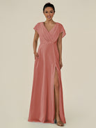 KissDress-Aven Mulberry A Line Chiffon Cap Sleeves V Neck Pleated Long Bridesmaid Dress with Slit