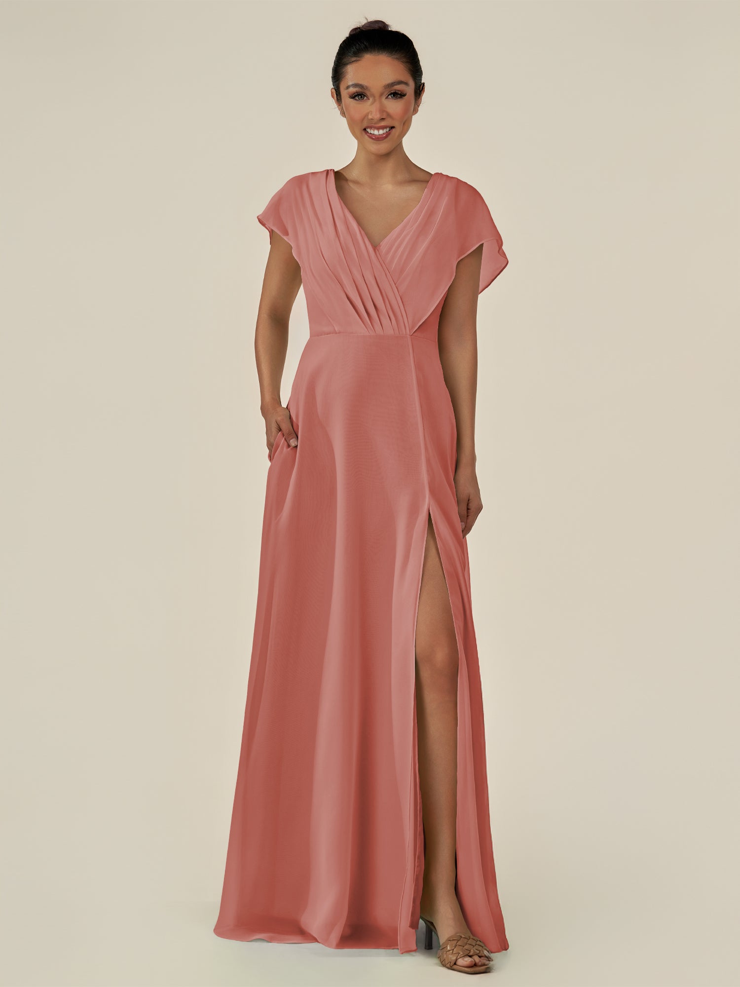 KissDress-Aven Mulberry A Line Chiffon Cap Sleeves V Neck Pleated Long Bridesmaid Dress with Slit