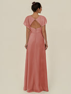 KissDress-Aven Mulberry A Line Chiffon Cap Sleeves V Neck Pleated Long Bridesmaid Dress with Slit