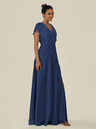 KissDress-Aven Navy A Line Chiffon Cap Sleeves V Neck Pleated Long Bridesmaid Dress with Slit