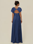 KissDress-Aven Navy A Line Chiffon Cap Sleeves V Neck Pleated Long Bridesmaid Dress with Slit