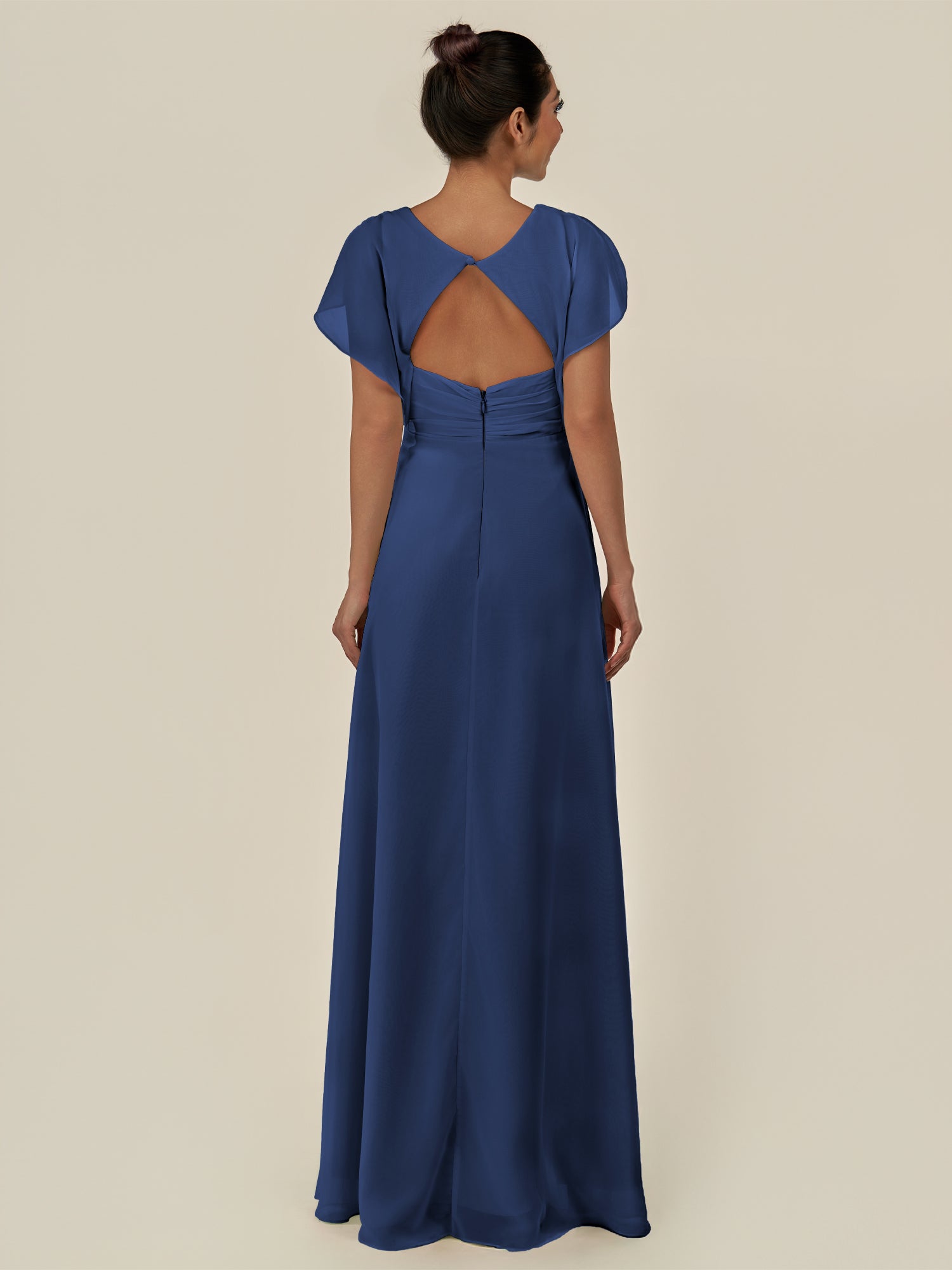 KissDress-Aven Navy A Line Chiffon Cap Sleeves V Neck Pleated Long Bridesmaid Dress with Slit