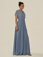 KissDress-Aven Neptune A Line Chiffon Cap Sleeves V Neck Pleated Long Bridesmaid Dress with Slit