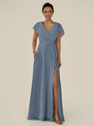KissDress-Aven Neptune A Line Chiffon Cap Sleeves V Neck Pleated Long Bridesmaid Dress with Slit