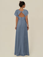 KissDress-Aven Neptune A Line Chiffon Cap Sleeves V Neck Pleated Long Bridesmaid Dress with Slit