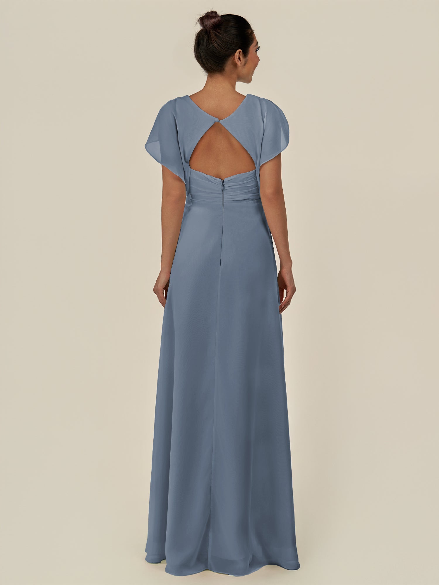 KissDress-Aven Neptune A Line Chiffon Cap Sleeves V Neck Pleated Long Bridesmaid Dress with Slit