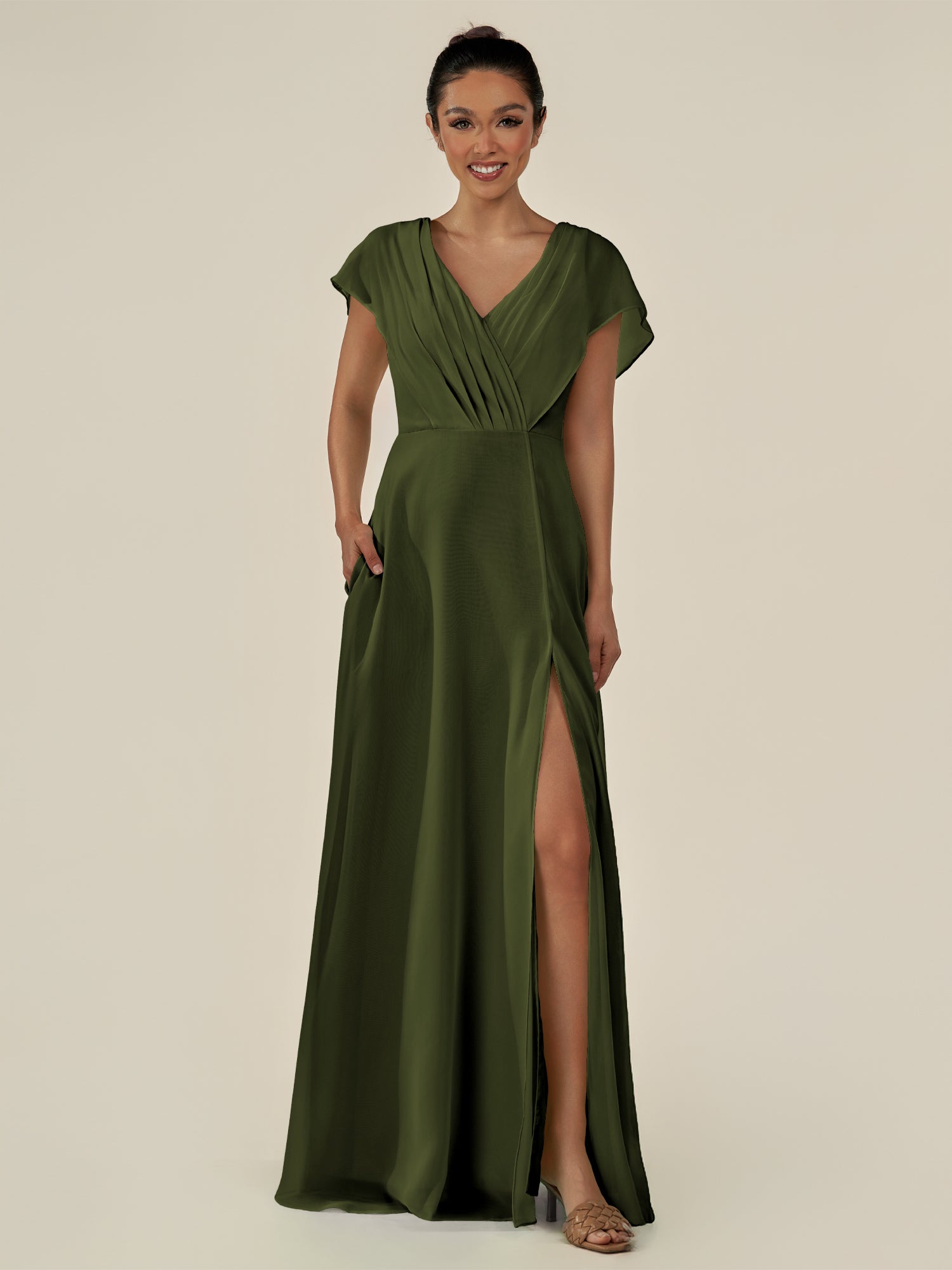 KissDress-Aven Olive A Line Chiffon Cap Sleeves V Neck Pleated Long Bridesmaid Dress with Slit