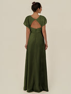 KissDress-Aven Olive A Line Chiffon Cap Sleeves V Neck Pleated Long Bridesmaid Dress with Slit
