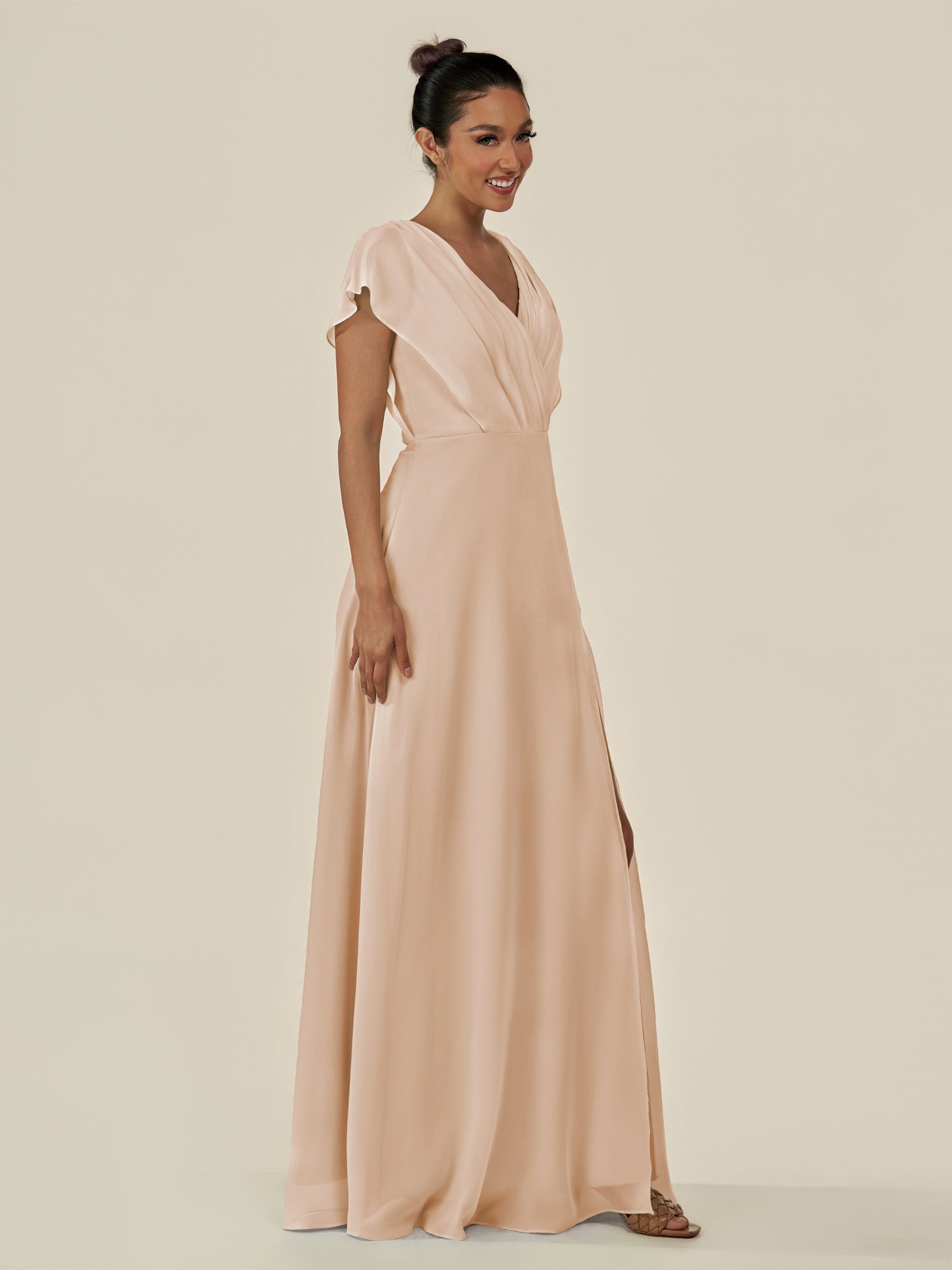 KissDress-Aven Pale Blush A Line Chiffon Cap Sleeves V Neck Pleated Long Bridesmaid Dress with Slit