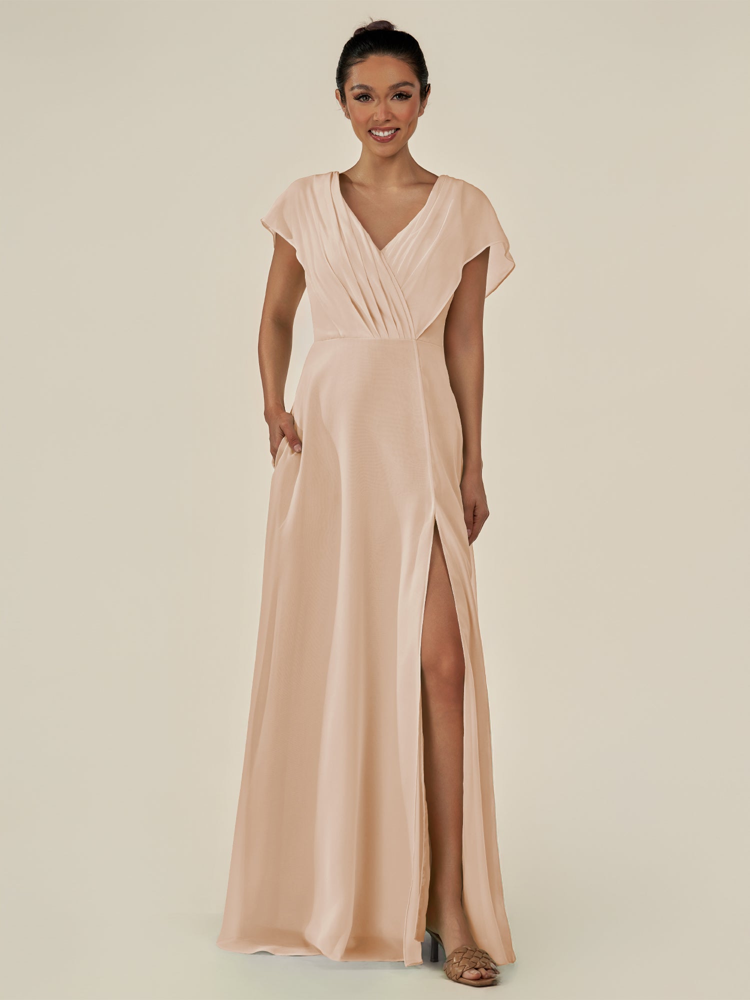 KissDress-Aven Pale Blush A Line Chiffon Cap Sleeves V Neck Pleated Long Bridesmaid Dress with Slit