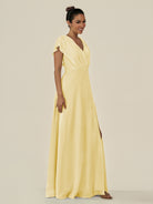 KissDress-Aven Pastel Yellow A Line Chiffon Cap Sleeves V Neck Pleated Long Bridesmaid Dress with Slit