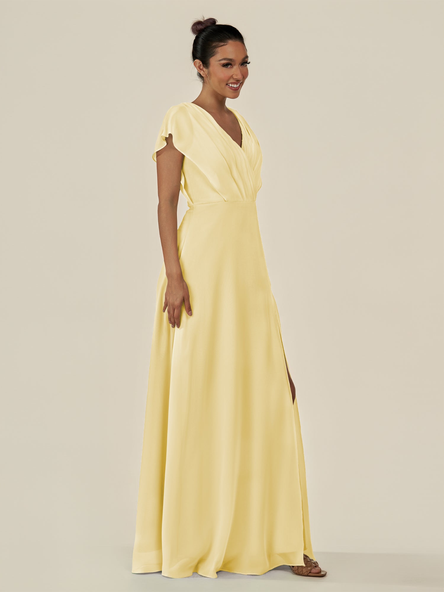 KissDress-Aven Pastel Yellow A Line Chiffon Cap Sleeves V Neck Pleated Long Bridesmaid Dress with Slit