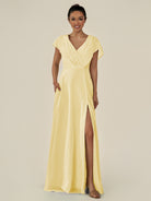 KissDress-Aven Pastel Yellow A Line Chiffon Cap Sleeves V Neck Pleated Long Bridesmaid Dress with Slit