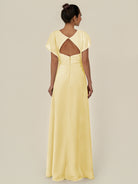 KissDress-Aven Pastel Yellow A Line Chiffon Cap Sleeves V Neck Pleated Long Bridesmaid Dress with Slit