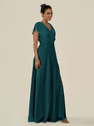 KissDress-Aven Pine A Line Chiffon Cap Sleeves V Neck Pleated Long Bridesmaid Dress with Slit