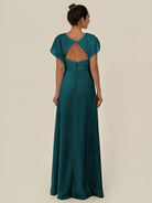 KissDress-Aven Pine A Line Chiffon Cap Sleeves V Neck Pleated Long Bridesmaid Dress with Slit