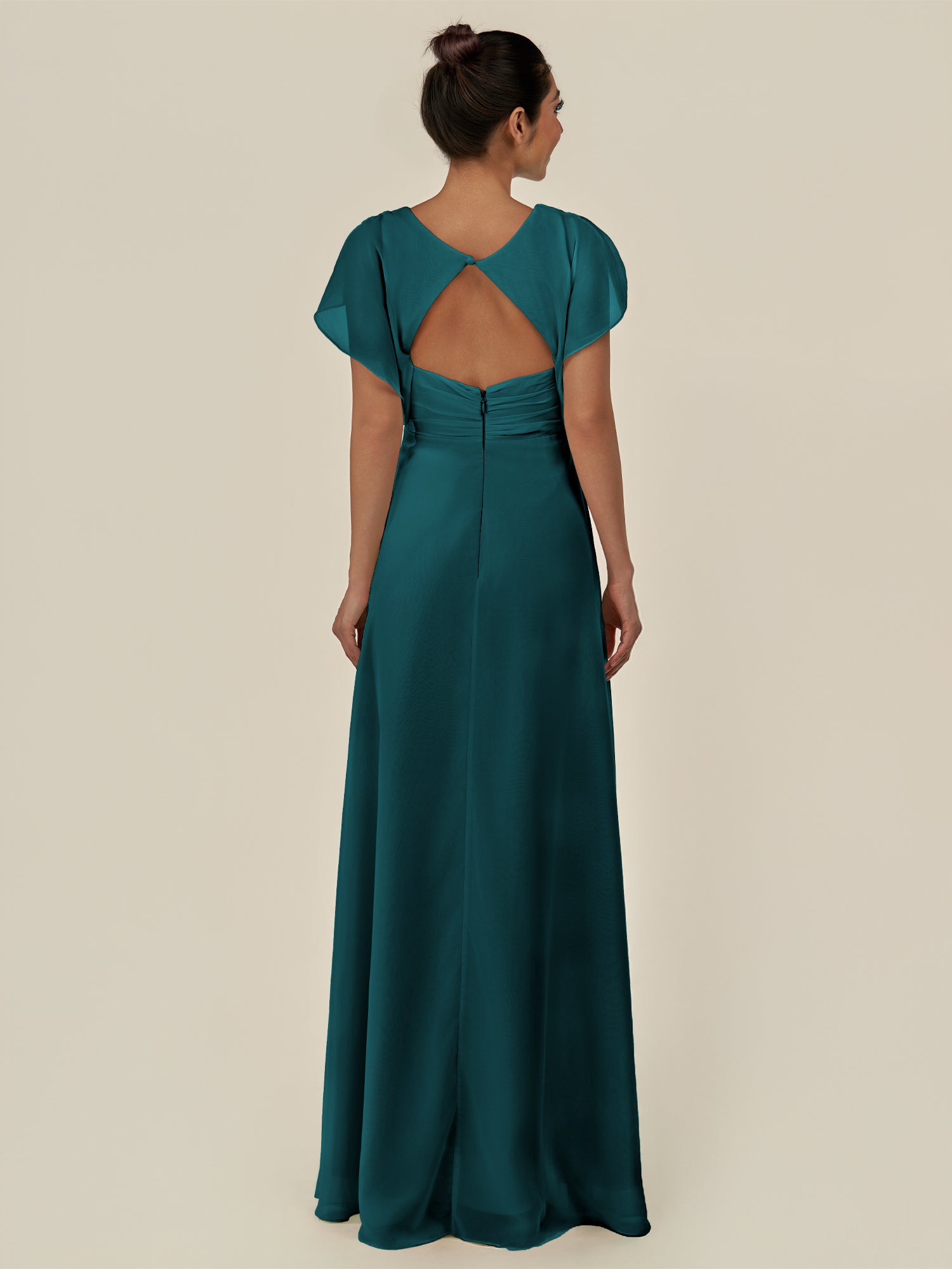 KissDress-Aven Pine A Line Chiffon Cap Sleeves V Neck Pleated Long Bridesmaid Dress with Slit