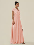KissDress-Aven Rose Petal A Line Chiffon Cap Sleeves V Neck Pleated Long Bridesmaid Dress with Slit