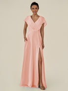 KissDress-Aven Rose Petal A Line Chiffon Cap Sleeves V Neck Pleated Long Bridesmaid Dress with Slit