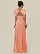 KissDress-Aven Rosette A Line Chiffon Cap Sleeves V Neck Pleated Long Bridesmaid Dress with Slit
