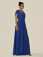 KissDress-Aven Royal Blue A Line Chiffon Cap Sleeves V Neck Pleated Long Bridesmaid Dress with Slit