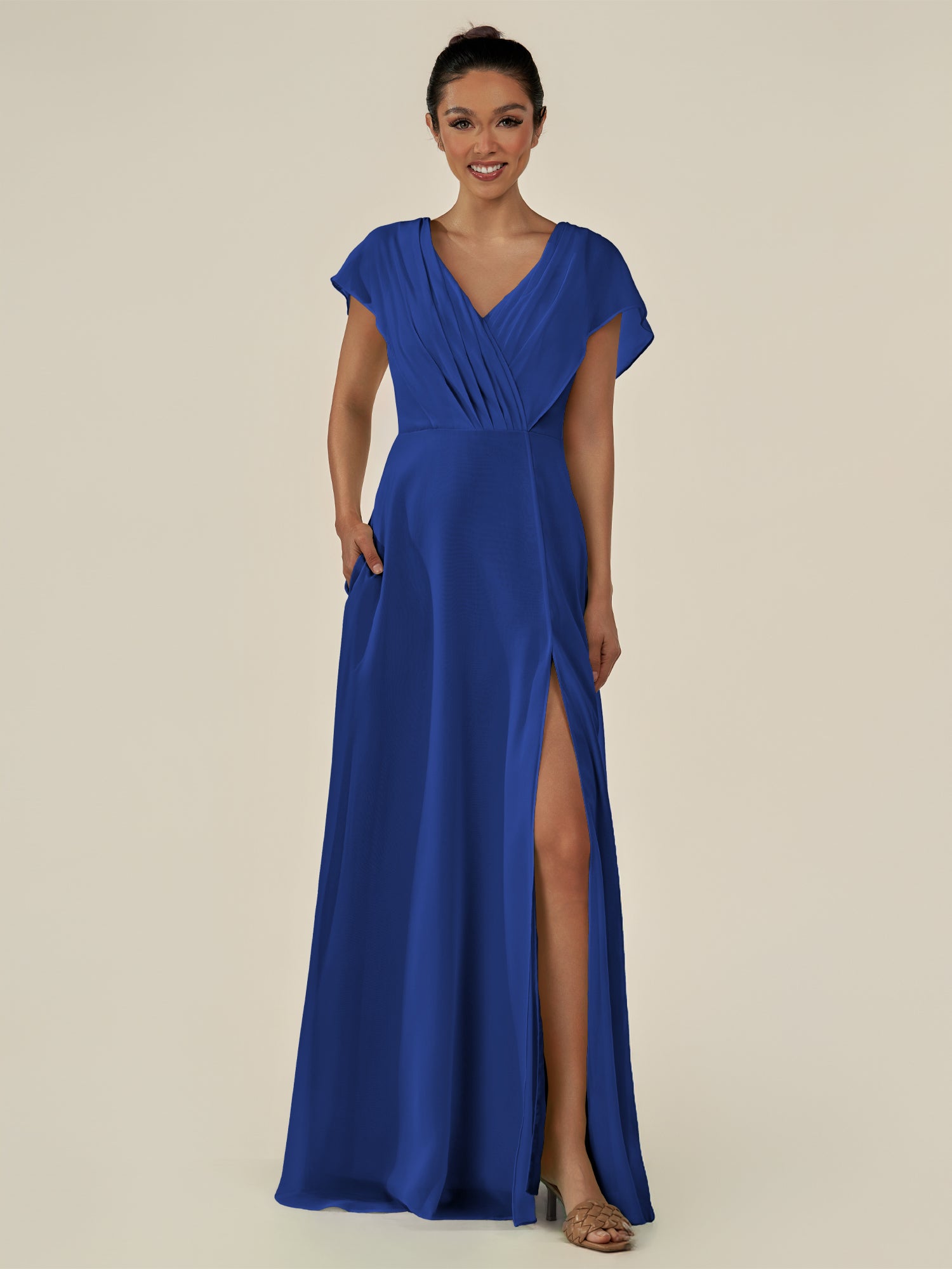 KissDress-Aven Royal Blue A Line Chiffon Cap Sleeves V Neck Pleated Long Bridesmaid Dress with Slit
