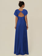 KissDress-Aven Royal Blue A Line Chiffon Cap Sleeves V Neck Pleated Long Bridesmaid Dress with Slit