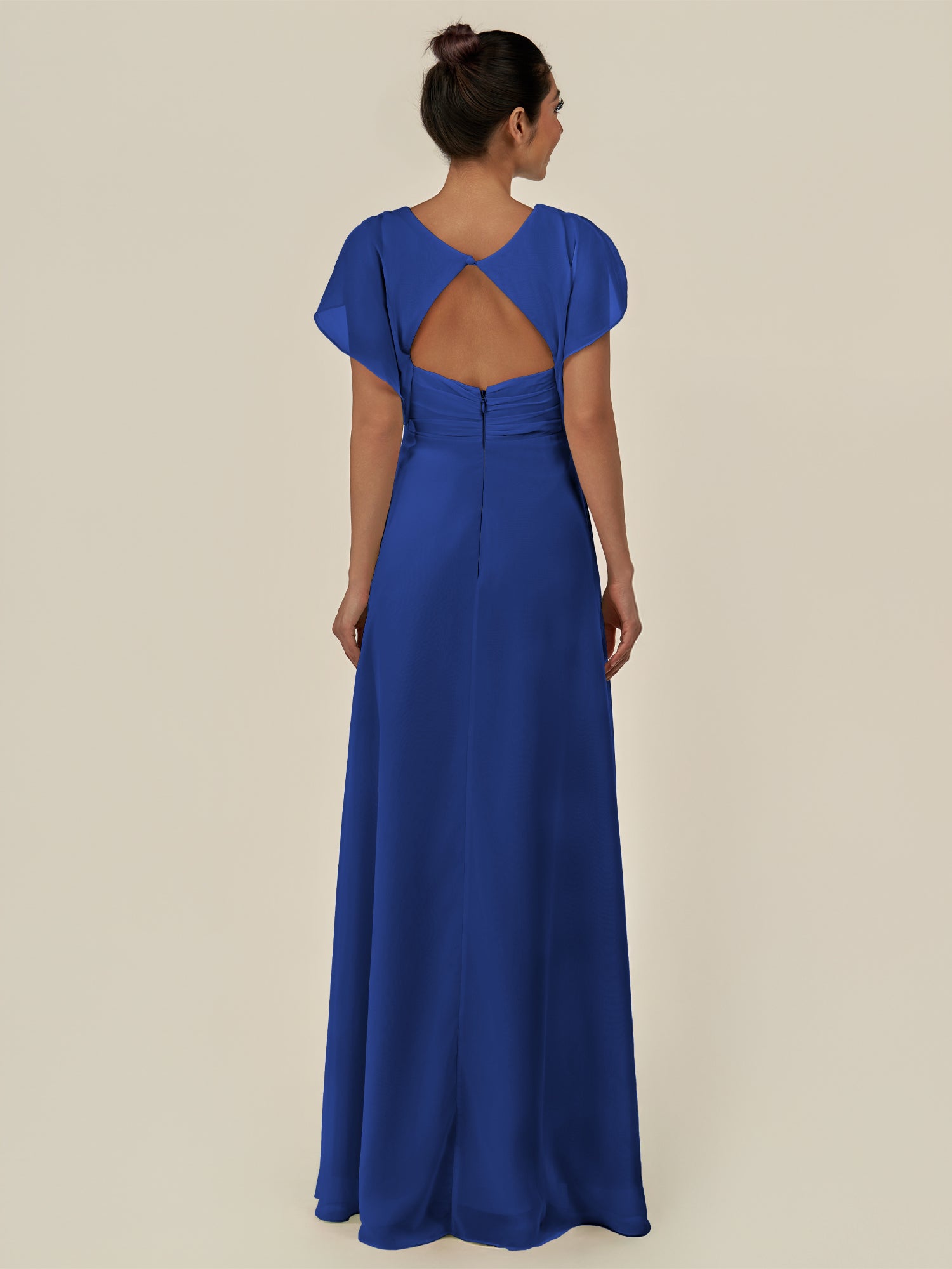 KissDress-Aven Royal Blue A Line Chiffon Cap Sleeves V Neck Pleated Long Bridesmaid Dress with Slit
