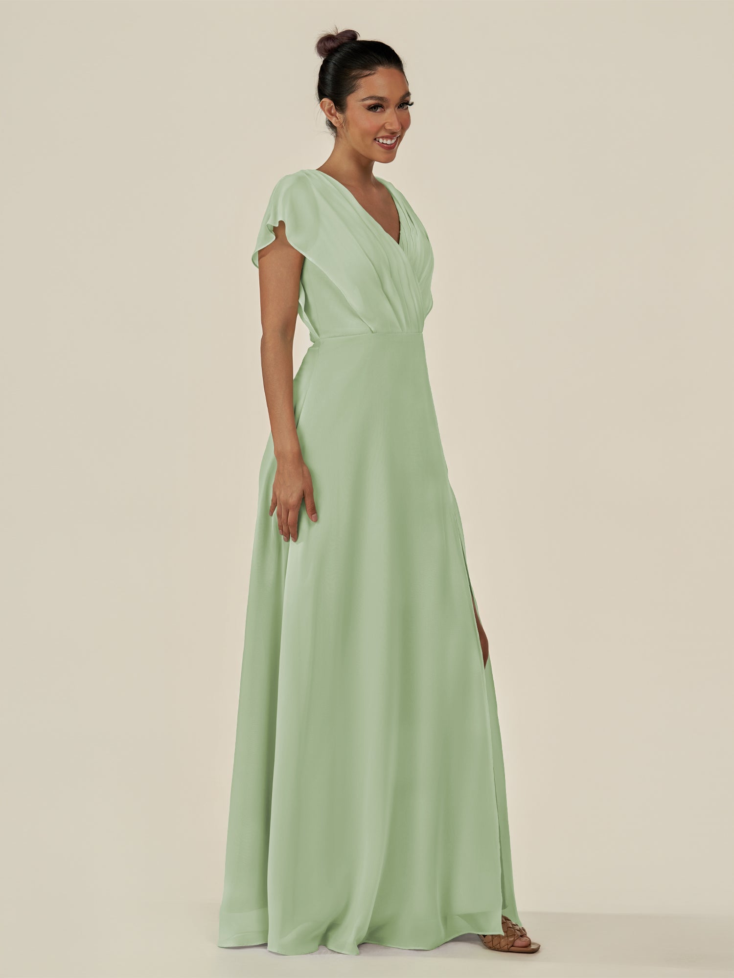 KissDress-Aven Sage A Line Chiffon Cap Sleeves V Neck Pleated Long Bridesmaid Dress with Slit