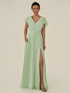 KissDress-Aven Sage A Line Chiffon Cap Sleeves V Neck Pleated Long Bridesmaid Dress with Slit