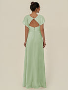 KissDress-Aven Sage A Line Chiffon Cap Sleeves V Neck Pleated Long Bridesmaid Dress with Slit