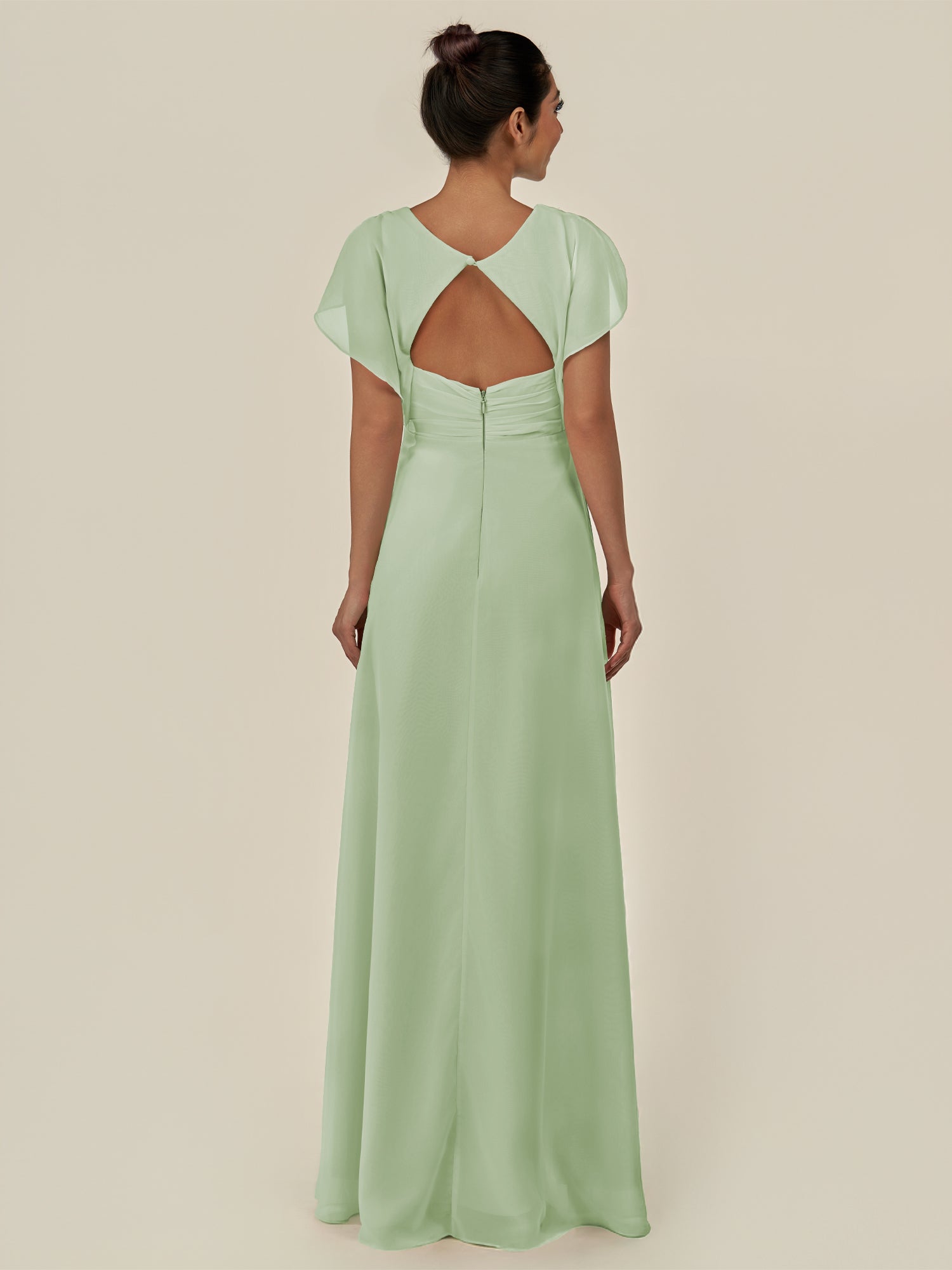 KissDress-Aven Sage A Line Chiffon Cap Sleeves V Neck Pleated Long Bridesmaid Dress with Slit