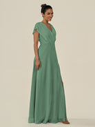 KissDress-Aven Sea Glass A Line Chiffon Cap Sleeves V Neck Pleated Long Bridesmaid Dress with Slit