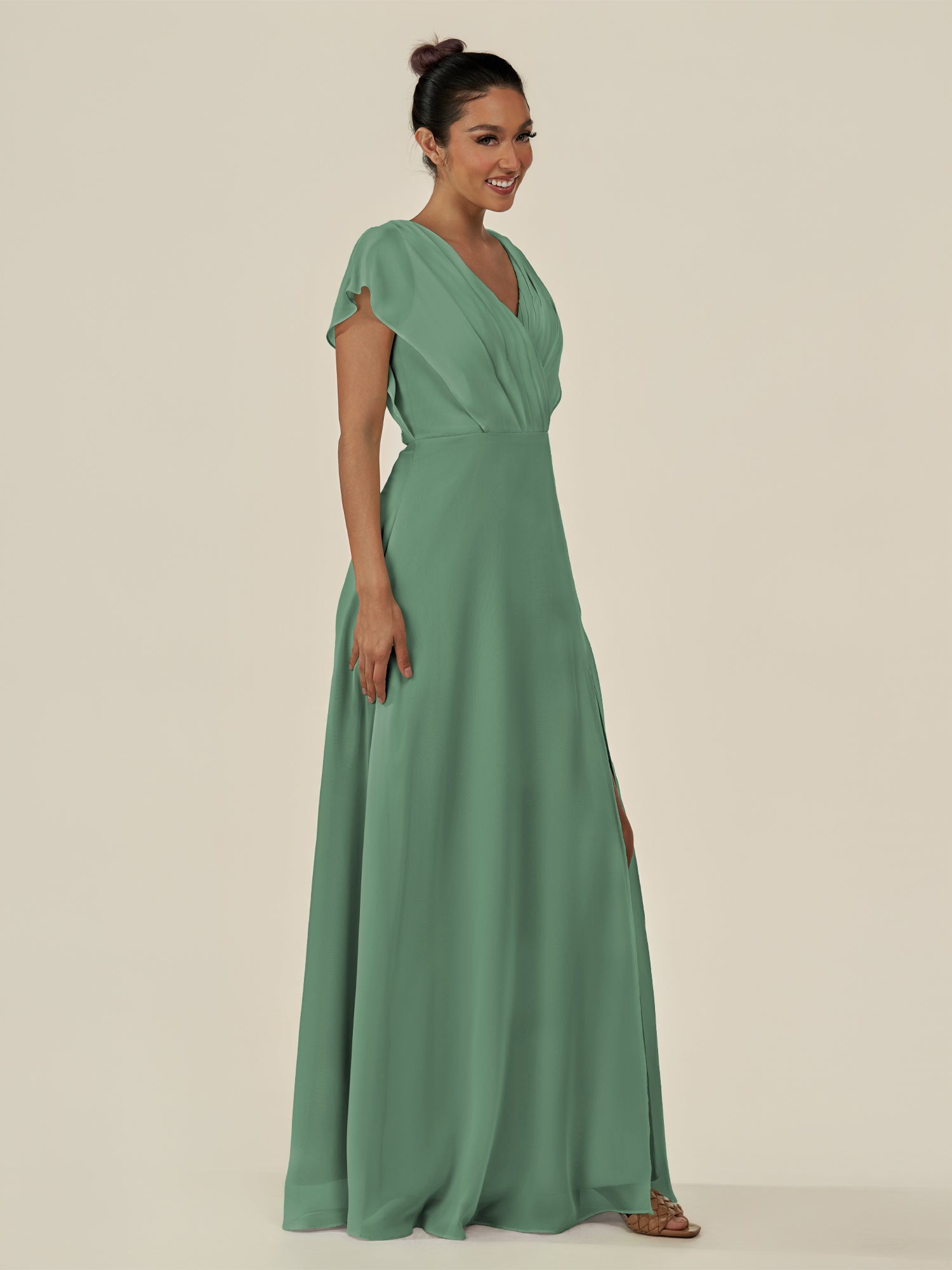 KissDress-Aven Sea Glass A Line Chiffon Cap Sleeves V Neck Pleated Long Bridesmaid Dress with Slit