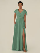 KissDress-Aven Sea Glass A Line Chiffon Cap Sleeves V Neck Pleated Long Bridesmaid Dress with Slit