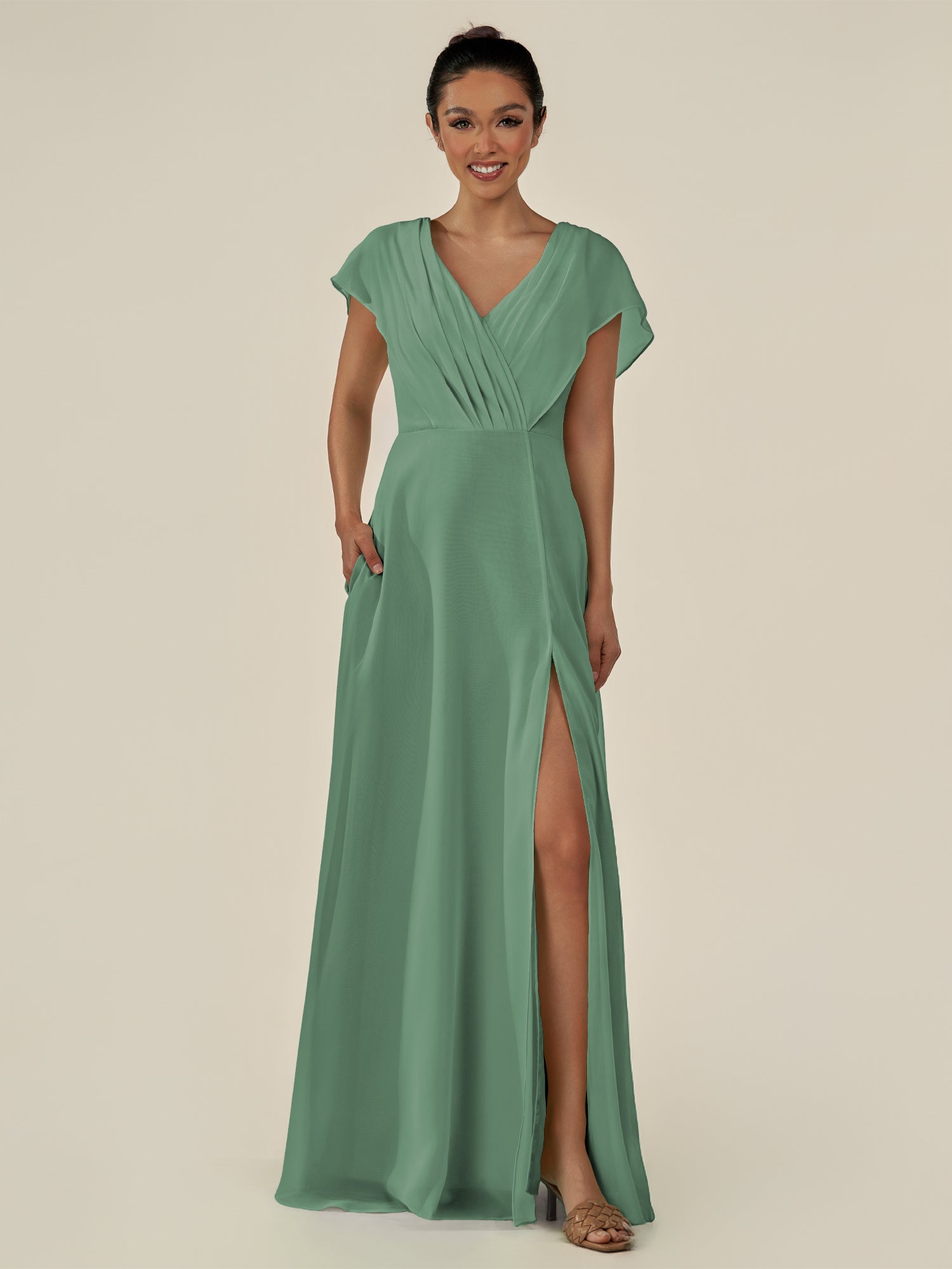 KissDress-Aven Sea Glass A Line Chiffon Cap Sleeves V Neck Pleated Long Bridesmaid Dress with Slit
