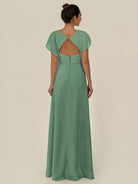 KissDress-Aven Sea Glass A Line Chiffon Cap Sleeves V Neck Pleated Long Bridesmaid Dress with Slit