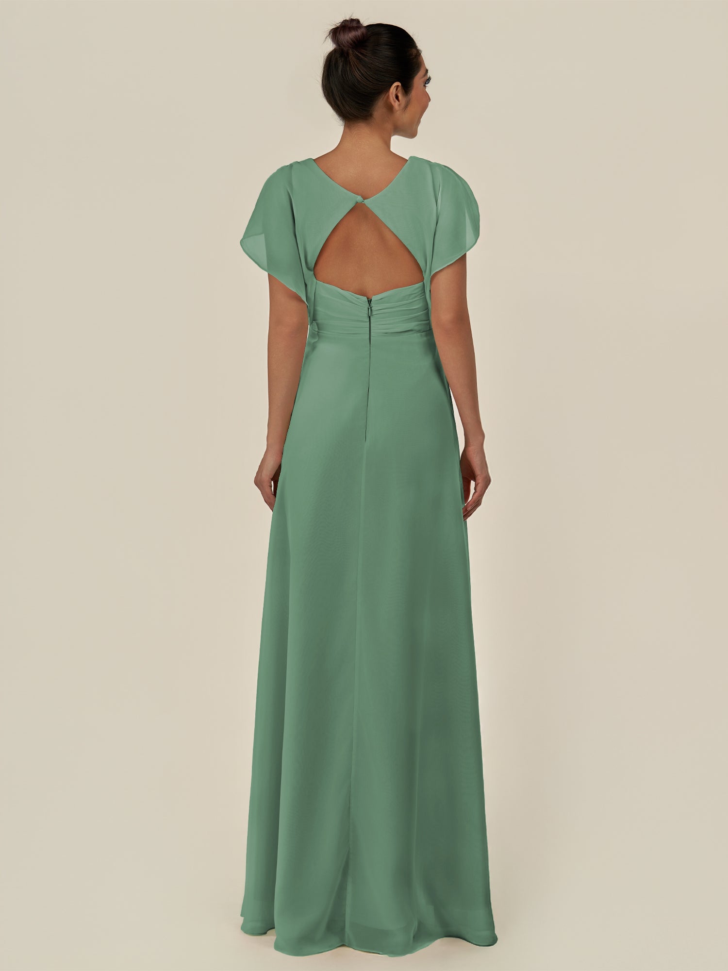 KissDress-Aven Sea Glass A Line Chiffon Cap Sleeves V Neck Pleated Long Bridesmaid Dress with Slit
