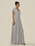KissDress-Aven Silver A Line Chiffon Cap Sleeves V Neck Pleated Long Bridesmaid Dress with Slit