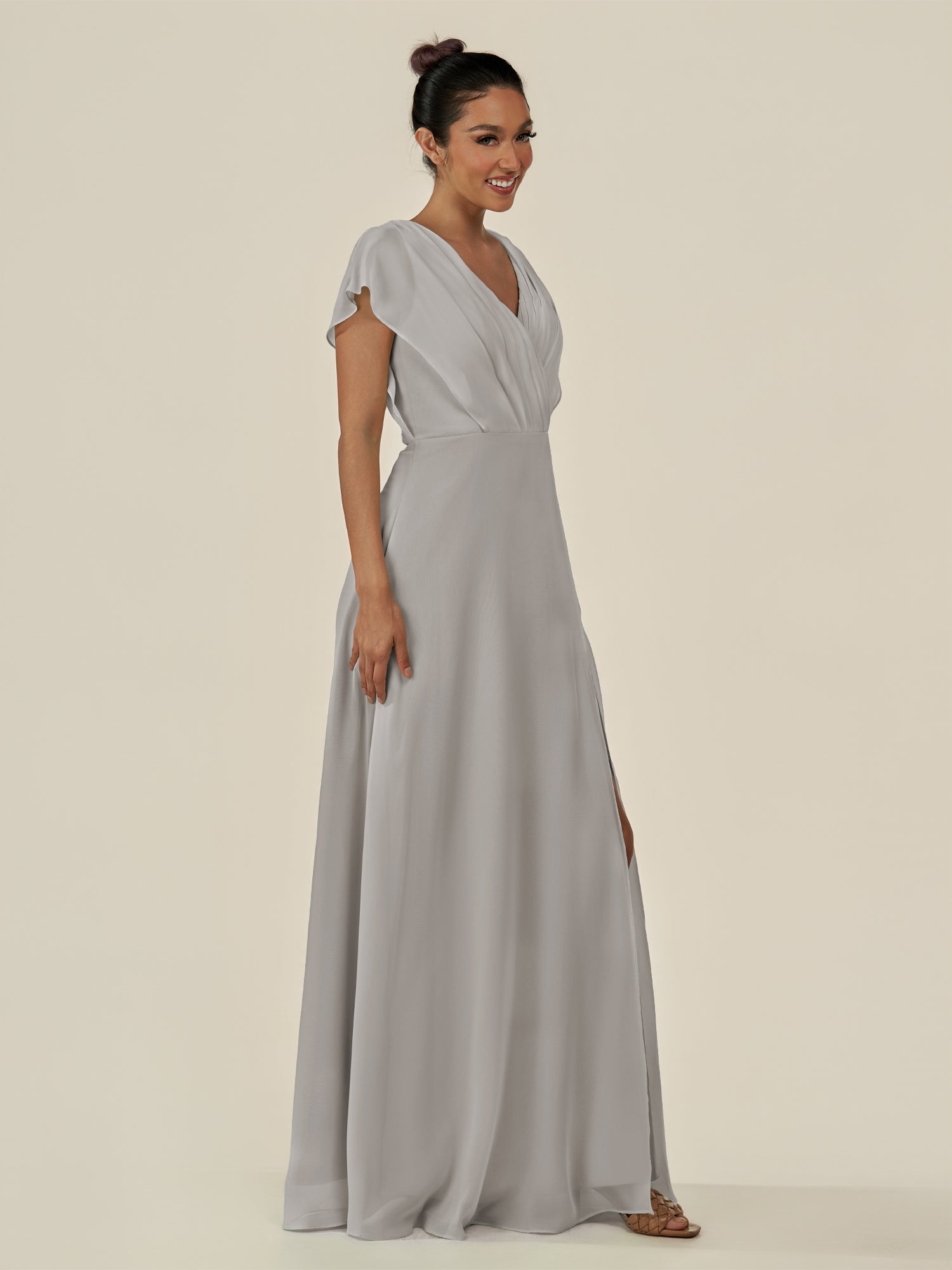 KissDress-Aven Silver A Line Chiffon Cap Sleeves V Neck Pleated Long Bridesmaid Dress with Slit