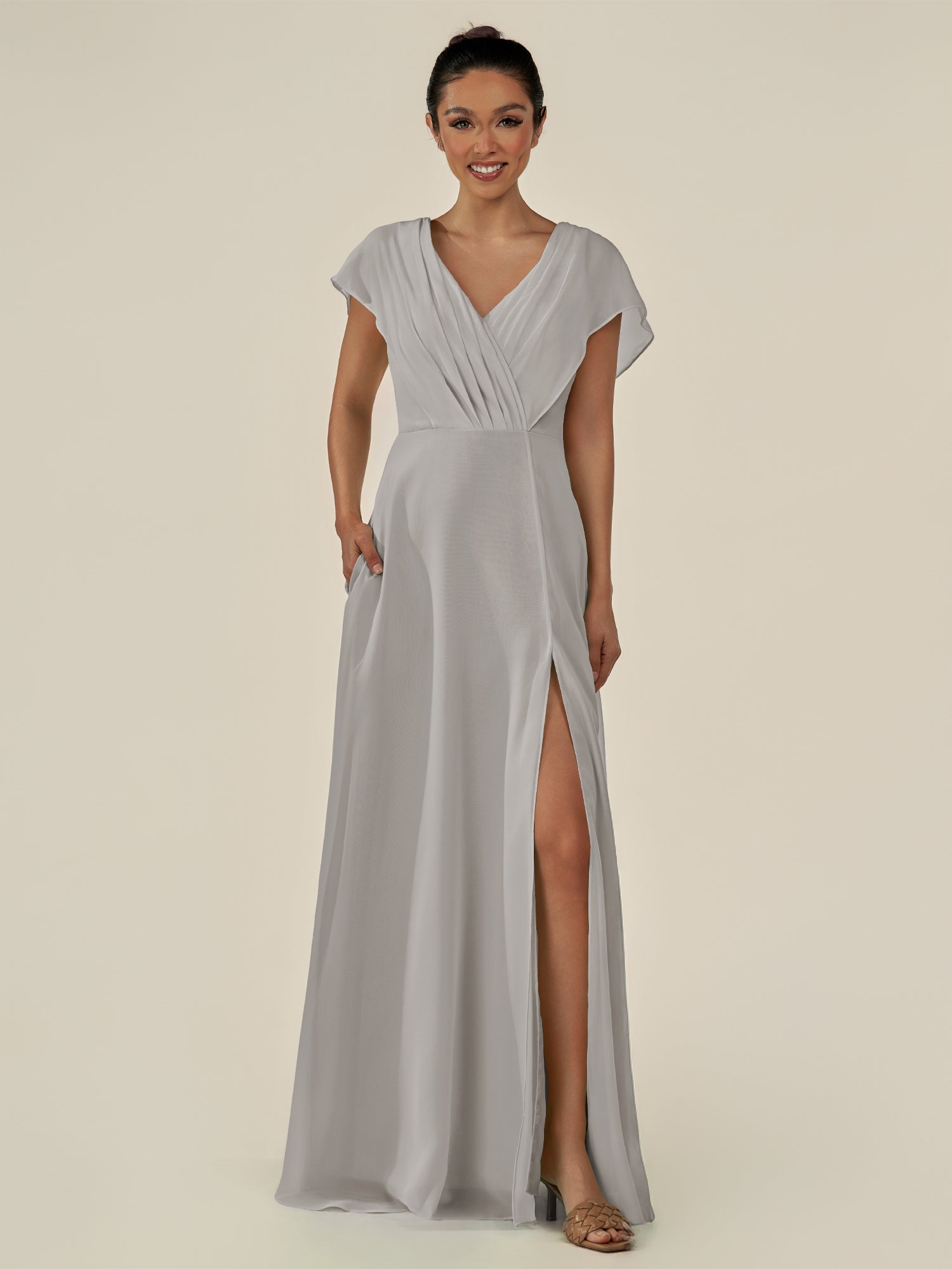 KissDress-Aven Silver A Line Chiffon Cap Sleeves V Neck Pleated Long Bridesmaid Dress with Slit