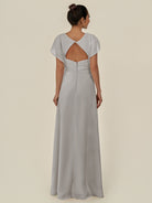 KissDress-Aven Silver A Line Chiffon Cap Sleeves V Neck Pleated Long Bridesmaid Dress with Slit