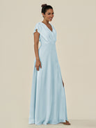 KissDress-Aven Sky Blue A Line Chiffon Cap Sleeves V Neck Pleated Long Bridesmaid Dress with Slit