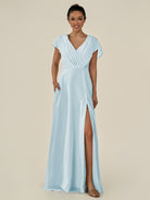 KissDress-Aven Sky Blue A Line Chiffon Cap Sleeves V Neck Pleated Long Bridesmaid Dress with Slit